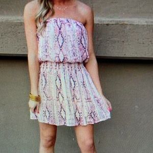 pink strapless snake skin dress